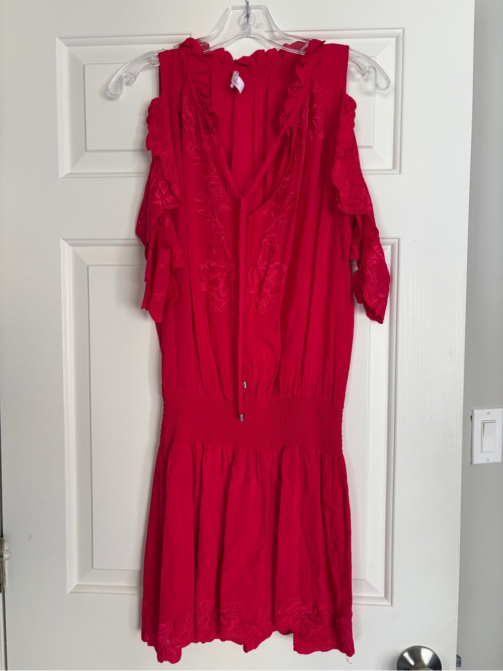 Parker Pink Rayon Embroidered Cold Shoulder Drop Waist Mini Dress - Medium